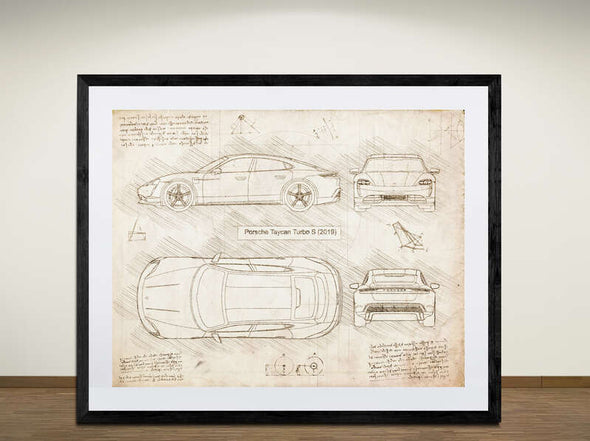 Porsche Taycan Turbo S (2021) - Sketch Art Print - Sketch Style, Car Patent, Blueprint Poster, Blue Print,  (#2004)