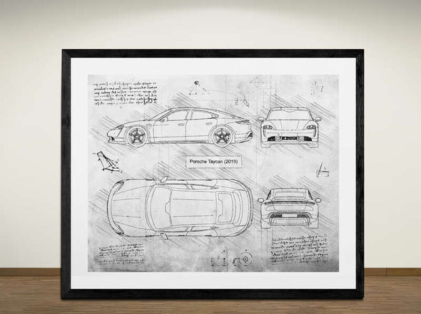 Porsche Taycan (2019) Sketch Art Print - Sketch Style, Car Patent, Blueprint Poster, Blue Print,  (#2002)