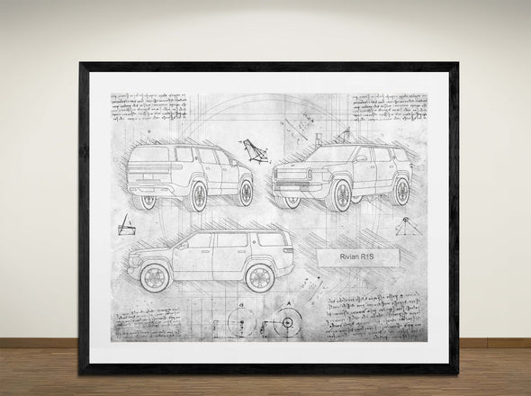 Rivian R1S - Art Print - Sketch Style, Car Patent, Blueprint Poster, Blue Print, (#3136)