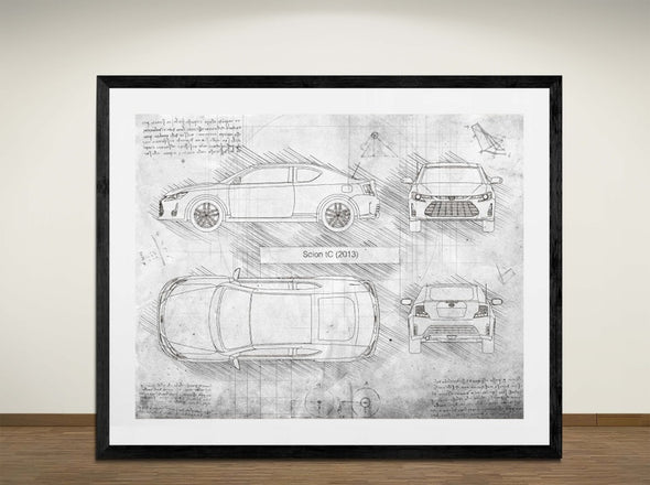 Scion tC (2013) - Art Print - Sketch Style, Car Patent, Blueprint Poster, Blue Print, (#3012)