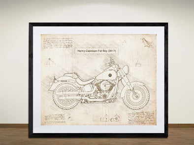 Harley-Davidson Fat Boy (2017) - Art Print - Sketch Style, Car Patent, Blueprint Poster, Blue Print,  (#2019)