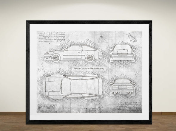 Toyota Corolla AE86 Widebody - Art Print - Sketch Style, Car Patent, Blueprint Poster, Blue Print, (#3009)