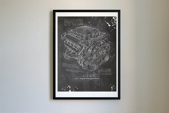 Dodge Hellcat Engine (6.2 L Supercharged Hemi) da Vinci Sketch Art Print (#778)