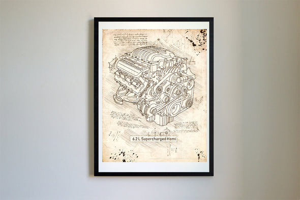Dodge Hellcat Engine (6.2 L Supercharged Hemi) da Vinci Sketch Art Print (#778)