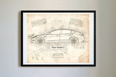 Tesla Model 3 (2018-Present) da Vinci Sketch Art Print (#509)