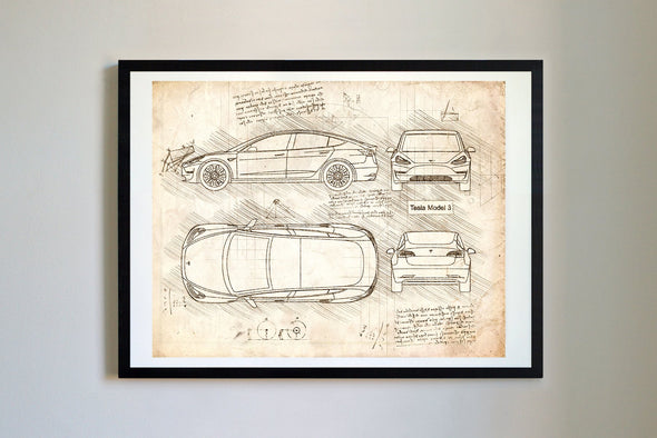 Tesla Model 3 (2018-Present) da Vinci Sketch Art Print (#260)