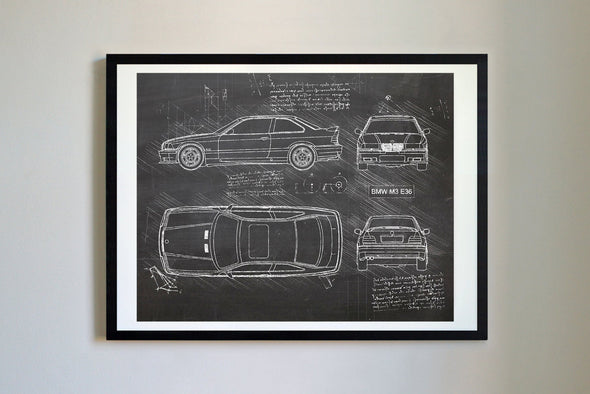 BMW M3 E36 (1992-99) da Vinci Sketch Art Print (#783)
