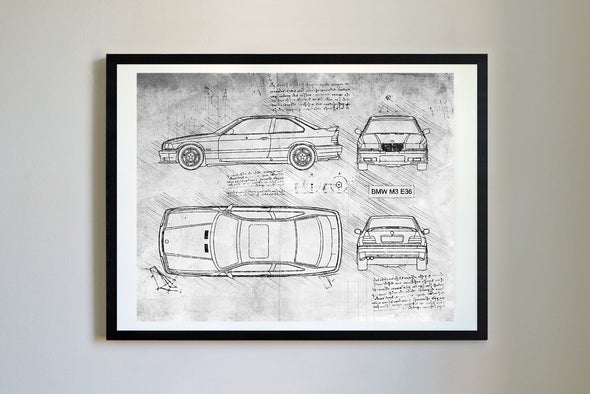 BMW M3 E36 (1992-99) da Vinci Sketch Art Print (#783)
