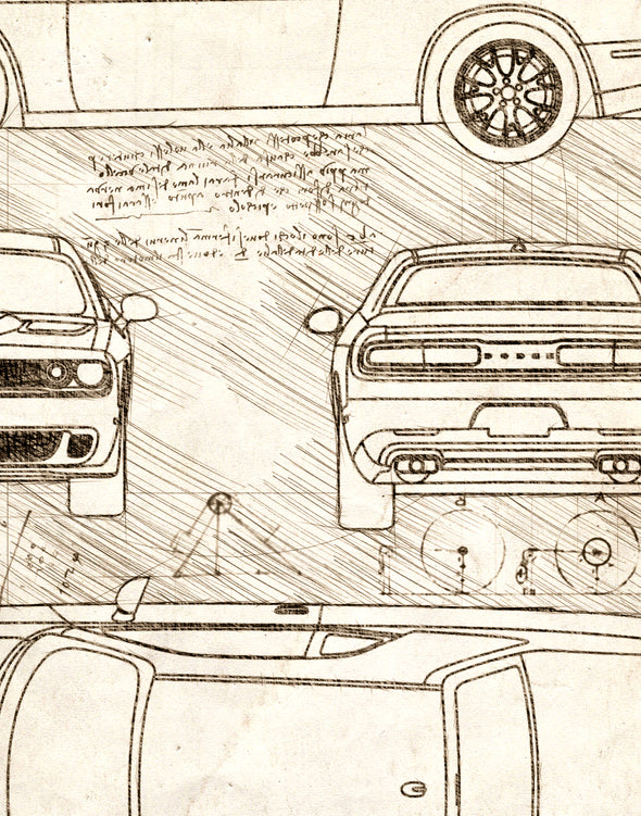 Dodge Challenger SRT Hellcat (2015-Present) da Vinci Sketch Art Print (#605)