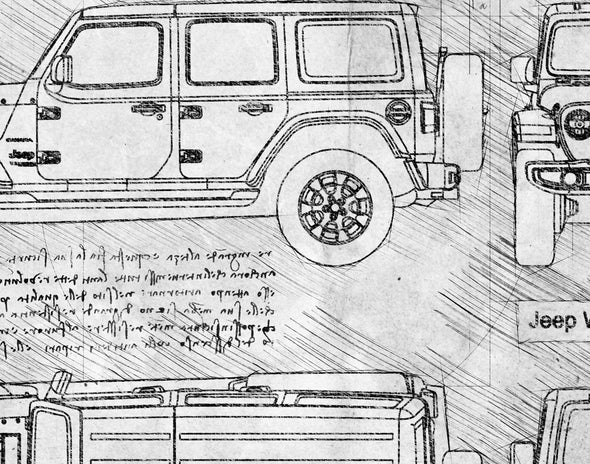 Jeep Wrangler Unlimited (2018-Present) da Vinci Sketch Art Print (#853)