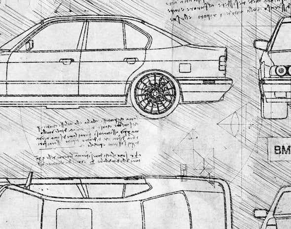 BMW 5-Series E34 (1990-96) da Vinci Sketch Art Print (#945)