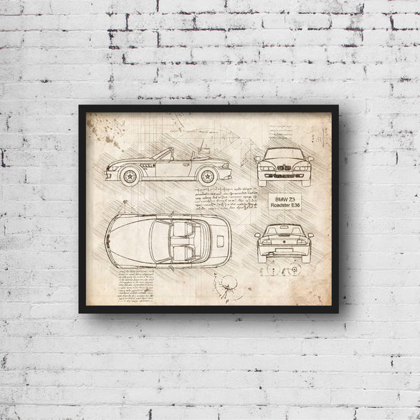 BMW Z3 Roadster E36 (1996-02) da Vinci Sketch Art Print (#866)