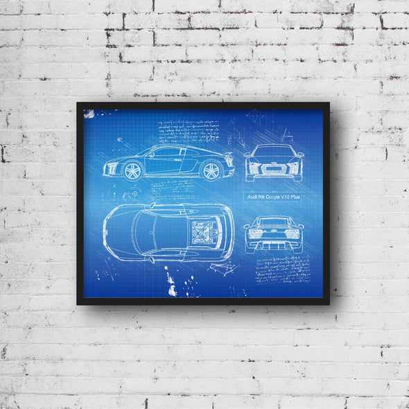 Audi R8 Coupe V10 Plus (2016 - present) Sketch Art Print - Sketch Style, Blue Print Poster, V8 Car, Audi Art, Audi R8 Poster (P764)