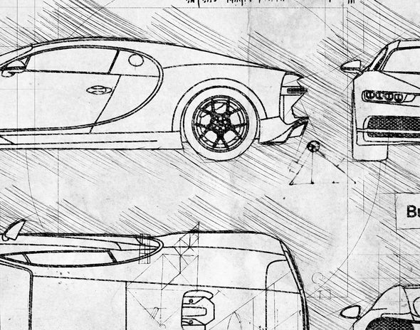 Bugatti Chiron (2017 - present) Sketch Art Print - Sketch Style, Car Patent, Patent, Blue Print Poster, Bugatti Car (P474)