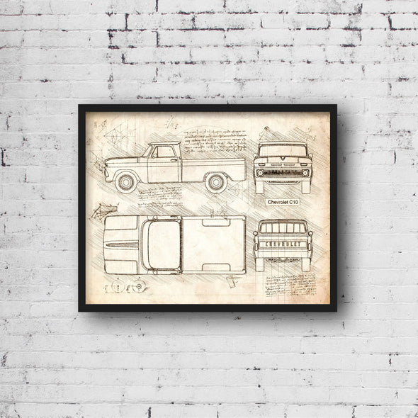 Chevrolet C10 (1960 - 66) Sketch Art Print - Sketch Style, Car Patent, Blueprint Poster, Blue Print, Chevy C-10 Truck Art (P469)