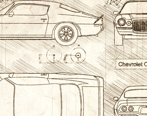 Chevrolet Camaro Z28 (1972) Sketch Art Print - Sketch Style, Car Patent, Blueprint Poster, Blue Print, Camaro Z28 Decor (P614)