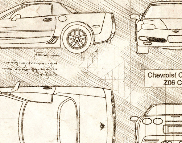 Chevrolet Corvette Z06 C5 (2001 - 04) Sketch Art Print - Sketch Style, Car Patent, Blueprint Poster, Blue Print, Z06 C5 Car (P825)