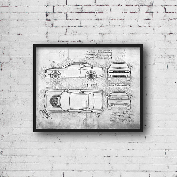 Dodge Challenger RT V8 (2015) Sketch Art Print - Sketch Style, Car Patent, Patent, Blueprint Poster, Challenger Blue Print (#P416)