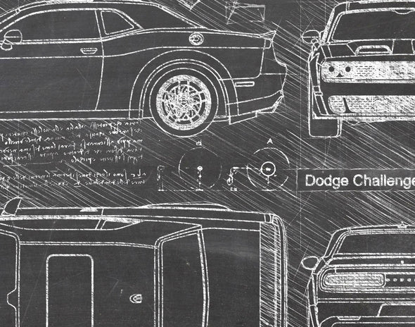 Dodge Challenger SRT Hellcat (2018 - present) Sketch Art Print - da Vinci, Car Patent, Patent, Blueprint Poster, Blue Print (#P612)