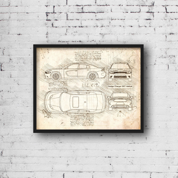 Dodge Charger SRT Hellcat (2015 - present) Sketch Art Print - Sketch Style, Car Patent, Patent, Blueprint Poster, Blue Print (P215)