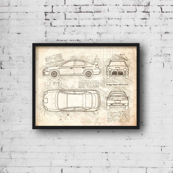 Dodge Neon SRT4 ACR (2002 - 05) Sketch Art Print - Sketch Style, Car Patent, Patent, Blueprint Poster, Blue Print, Neon Car (P348)