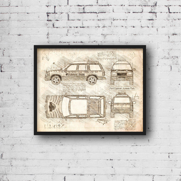 Ford Explorer Jurassic Park (1993) Sketch Art Print - Sketch Style, Car Patent, Blueprint Poster, Blue Print, Movie Car Art (P697)