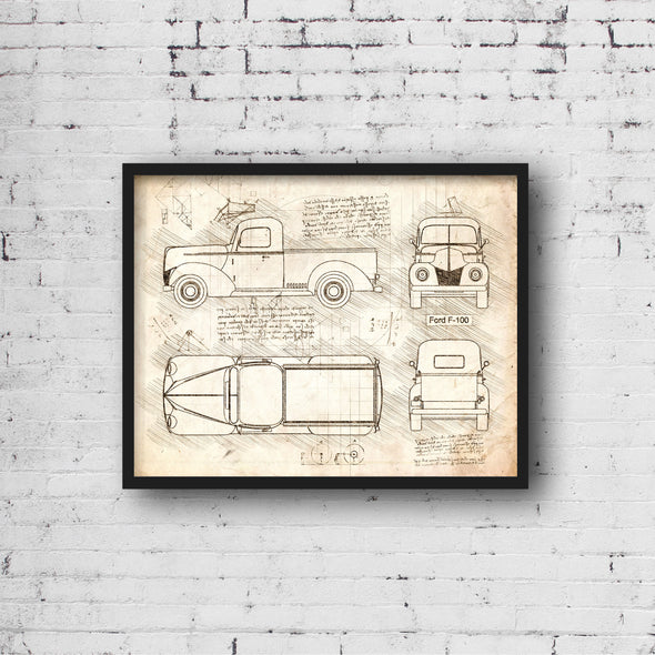 Ford F-100 (1938 - 40) Sketch Art Print - Sketch Style, Car Patent, Blueprint Poster, BluePrint, Pickup Truck, Pick Up Art (P698)