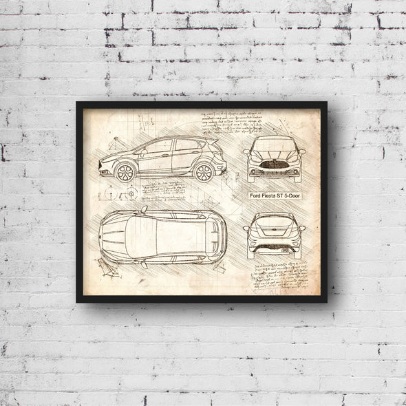 Ford Fiesta ST 5-Door (2015 - 17) Sketch Art Print - Sketch Style, Car Patent, Patent, Blueprint Poster, Blue Print Poster (P546)