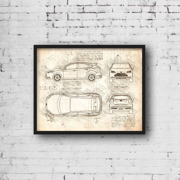 Ford Focus ST (2012 - 15) Sketch Art Print - Sketch Style, Car Patent, Patent, Blueprint Poster, BluePrint, Focus Car (P349)