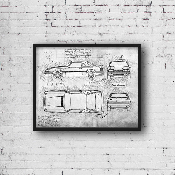 Ford Mustang (1987 - 1993) Sketch Art Print - Sketch Style, Car Patent, Patent, Blueprint Poster, BluePrint, GT Art Prints (P333)