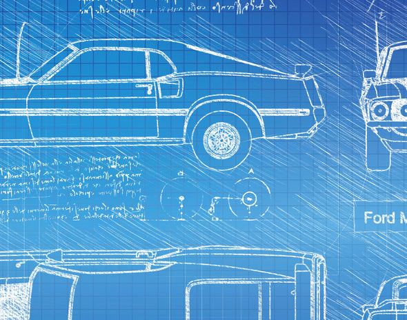 Ford Mustang Mach 1 351 (1969 - 71) Sketch Art Print - Sketch Style, Car Patent, Blueprint Poster, Blue Print, Mustangs (P432)