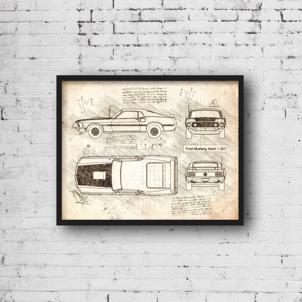 Ford Mustang Mach 1 351 (1969 - 71) Sketch Art Print - Sketch Style, Car Patent, Blueprint Poster, Blue Print, Mustangs (P432)
