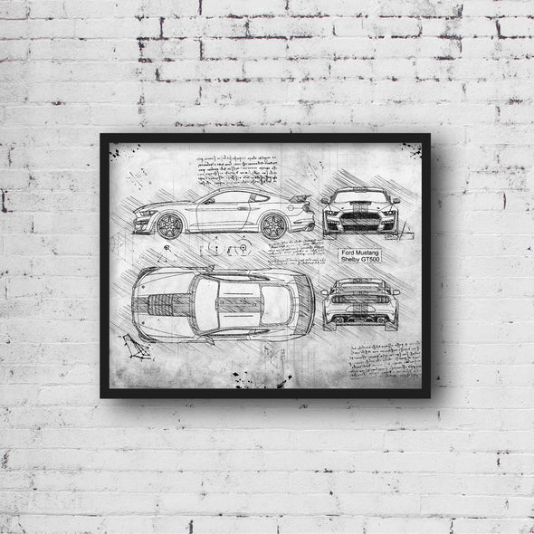 Ford Mustang Shelby GT500 (2019) Sketch Art Print - Sketch Style, Car Patent, Blueprint Poster, BluePrint, GT500 (P717)