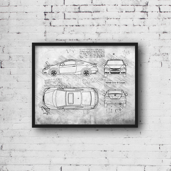 Honda Civic Si Coupe (2012 - 15) Sketch Art Print - Sketch Style, Car Patent, Blueprint Poster, Civic Si Car (P631)