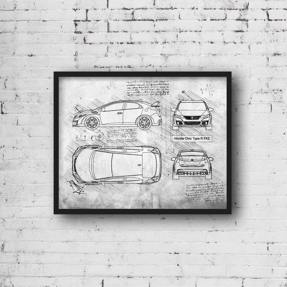 Honda Civic Type R FK2 (2015 - 17) Sketch Art Print - Sketch Style, Car Patent, Blueprint Poster, Civic Fk 2 Car (P632)