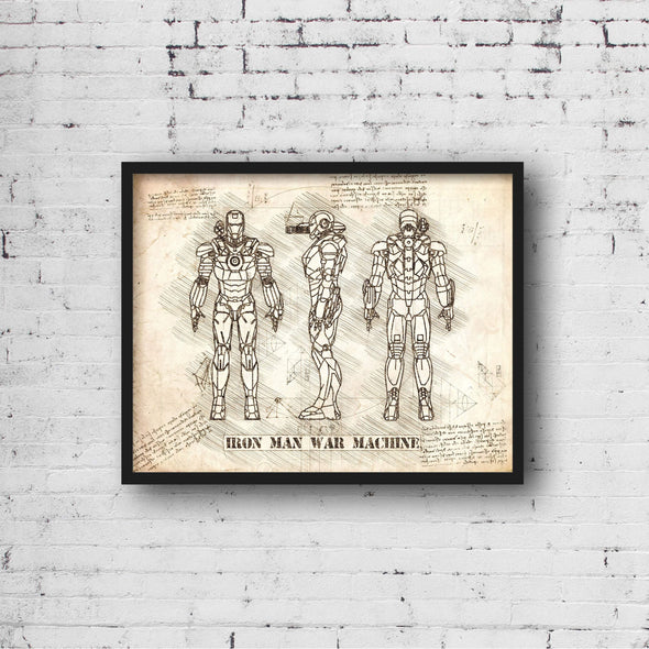 Iron Man War Machine Art Print - daVinci Style, Wall Art, Iron Man Poster, Arc Reactor Print, War Machine Decor, Blue Print, Stark (#P143)