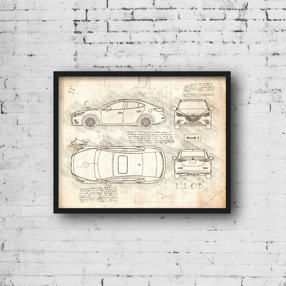 Mazda 3 (2014) Sketch Art Print - Sketch Style, Car Patent, Patent, Blueprint Poster, Car Blue Print, 3 Car Poster, MX5 (P464)