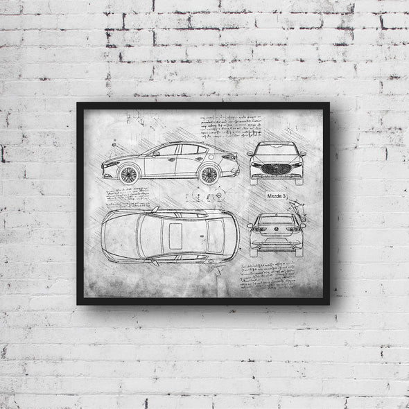 Mazda 3 (2019) Sketch Art Print - Sketch Style, Car Patent, Patent, Blueprint Poster, Car Prints, MX 5, Mazda 3 Car Poster (P770)