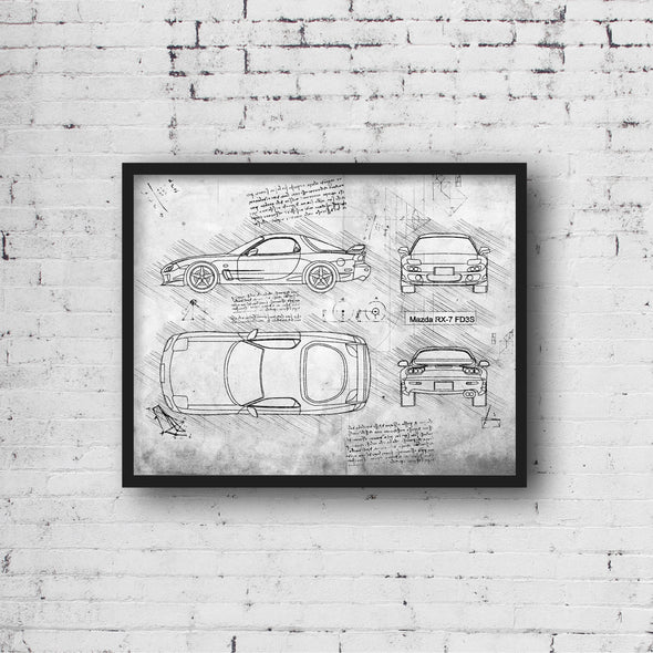 Mazda RX-7 FD3S (1992) Sketch Art Print - Sketch Style, Car Patent, Patent, Blueprint Poster, Car Blue Print, RX7, FX 7 (P321)