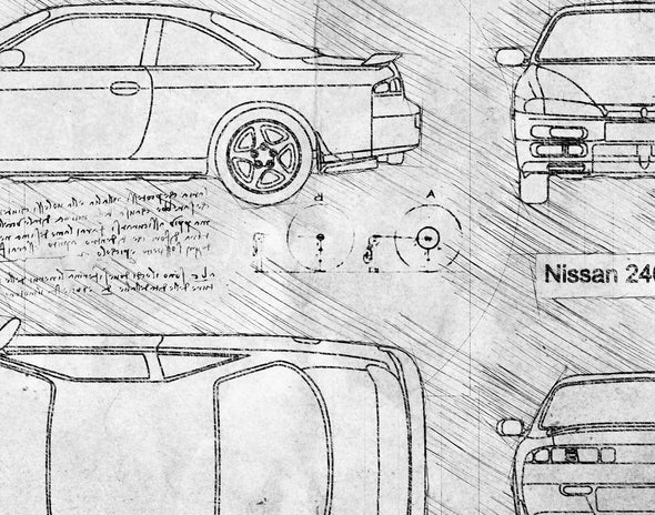 Nissan 240SX S14 (1995 - 98) Sketch Art Print - Sketch Style, Car Patent, Blueprint Poster, Blue Print, 240 SX Poster (P831)