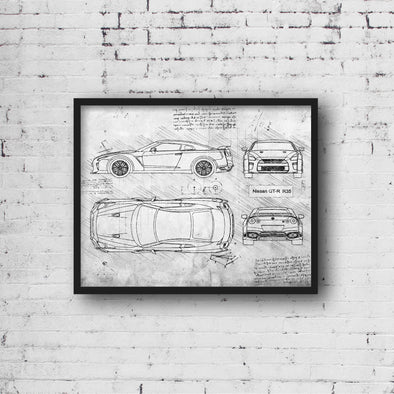 Nissan GT-R R35 (2017) Sketch Art Print - Sketch Style, Car Patent, Blueprint Poster, Blue Print, GTR R35 Car Art (P329)
