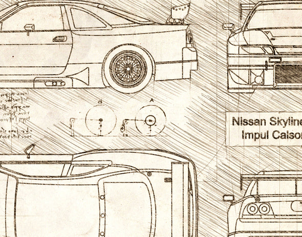 Nissan Skyline R33 GT-R Impul Calsonic JGTC (1996) Sketch Art Print - Sketch Style, Car Patent, Blueprint Art, Skyline Art (P531)