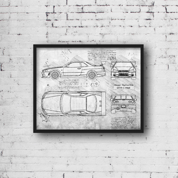 Nissan Skyline R34 GT-R C-West (1999) Sketch Art Print - Sketch Style, Car Patent, Blueprint Poster, Blue Print, Skyline Art (P456)