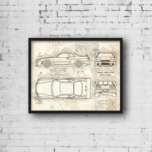 Nissan Skyline R34 GT-R C-West (1999) Sketch Art Print - Sketch Style, Car Patent, Blueprint Poster, Blue Print, Skyline Art (P456)