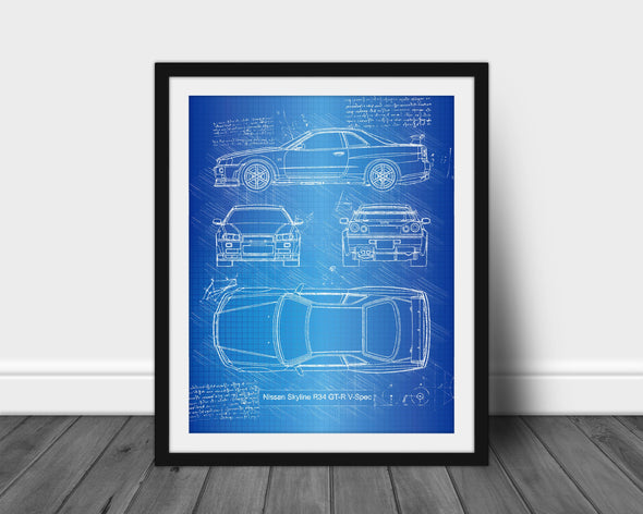 Nissan Skyline R34 GT-R V-Spec (1999) Sketch Art Print - Sketch Style, Car Patent, Blueprint Poster, Blue Print, Skyline Art (P583)