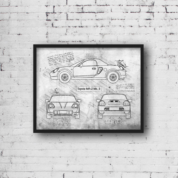 Toyota MR2 Mk 3 (1999 - 07) Sketch Art Print - Sketch Style, Car Patent, Blueprint Poster, Blue Print, MR 2 Car, MR2 Poster (P477)