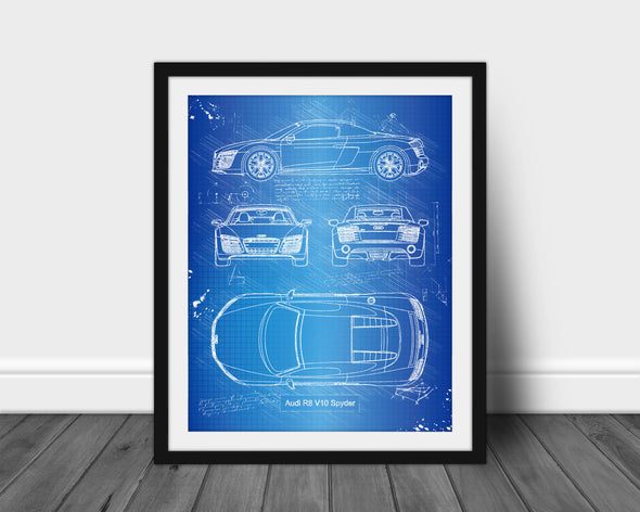 Audi R8 V10 Spyder (2015) Sketch Art Print - Sketch Style, Vertical Art, Blue Print Poster, Spyder Car, Audi R8 Poster (P608)