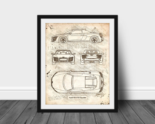 Audi R8 V10 Spyder (2015) Sketch Art Print - Sketch Style, Vertical Art, Blue Print Poster, Spyder Car, Audi R8 Poster (P608)