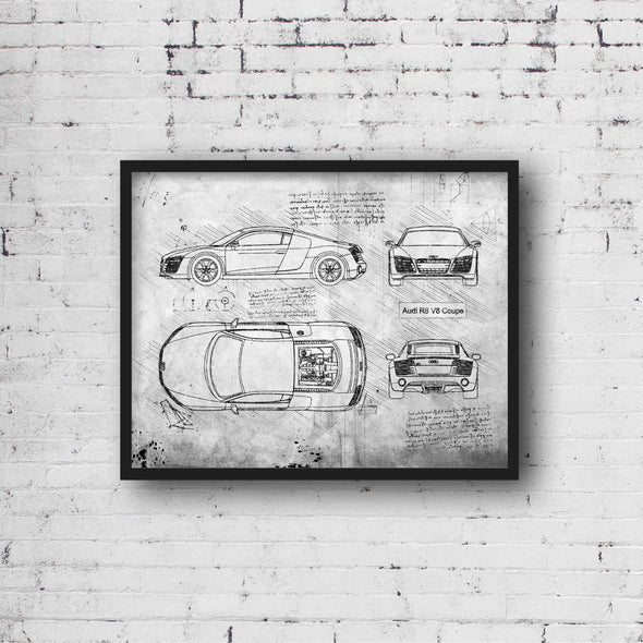 Audi R8 V8 Coupe (2012 - 14) Sketch Art Print - Sketch Style, Blue Print Poster, V8 Car, Audi Art, Audi R8 Poster (P757)