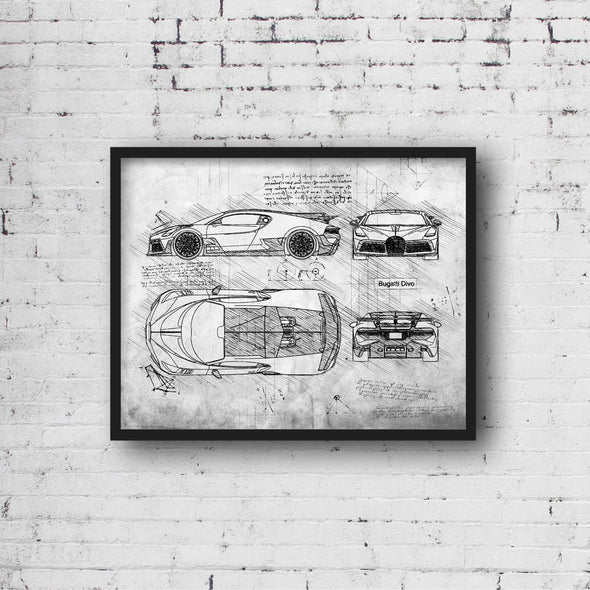 Bugatti Divo (2018 - present) Sketch Art Print - Sketch Style, Car Patent, Patent, Blue Print Poster, Bugatti Car (P554)